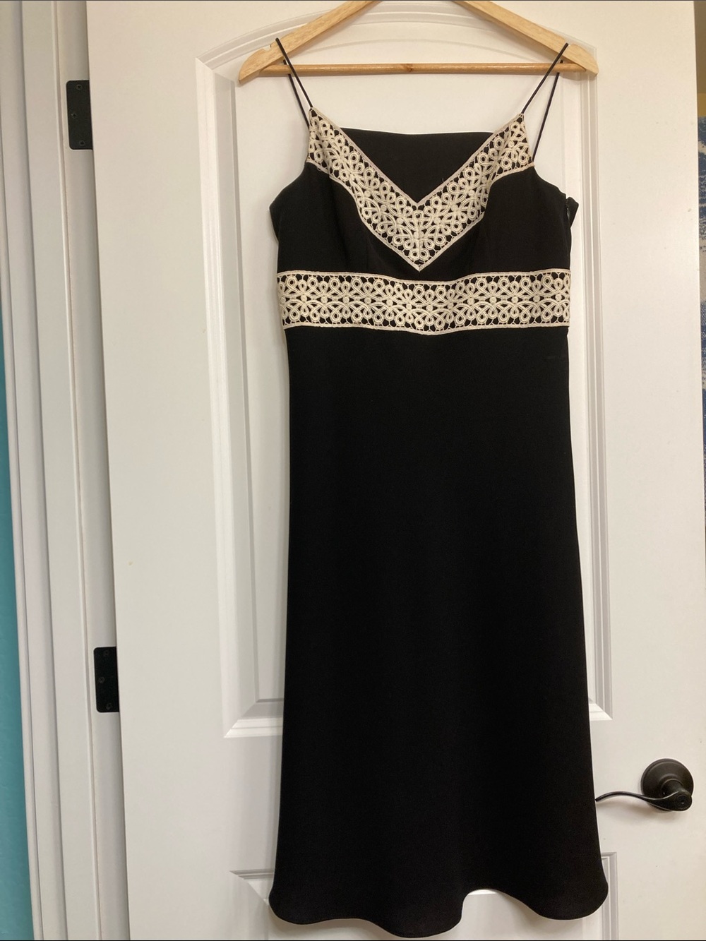 Ann Taylor Black Midi Slip Dress with Cream Lace Insets
